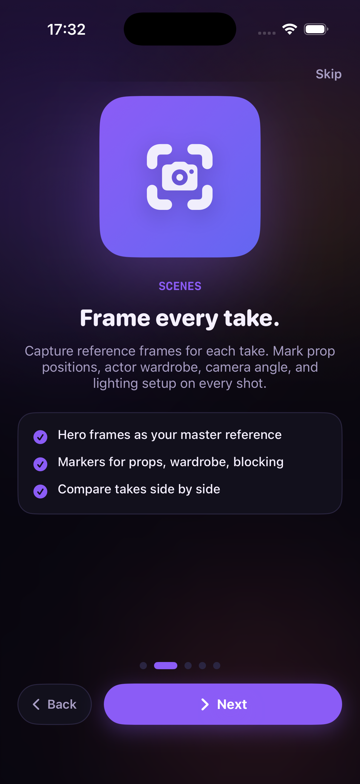 Scene frames and take comparison view